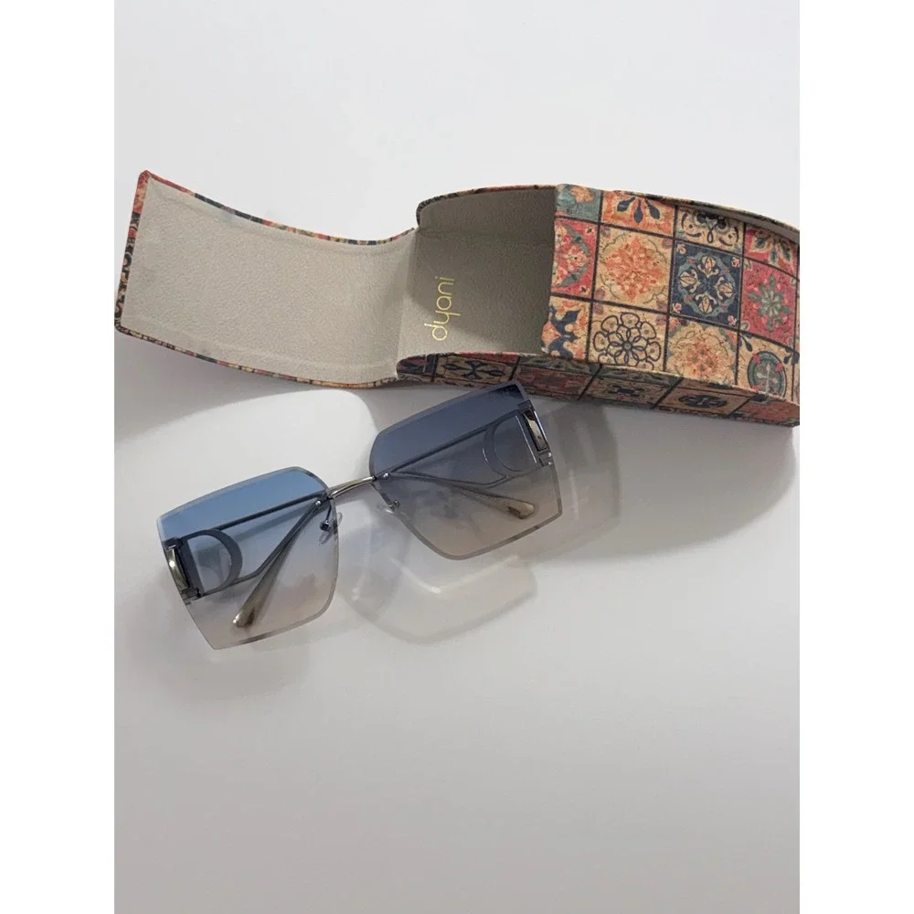 Dyani Rimless Gradient Sunglasses Silver Tone Blue Tan Rectangle Frames Case